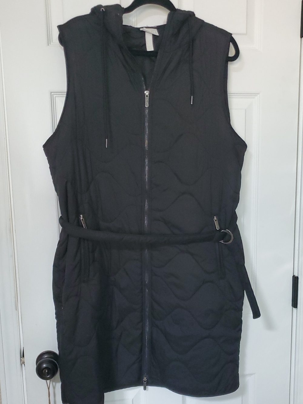 Zella Black Quilted Hooded Sleeveless Belted Vest